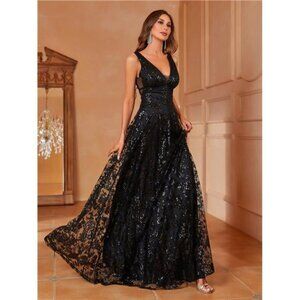 Sleeveless V Neck Sequin Formal Party Dress With Sequin Flowers Decoration